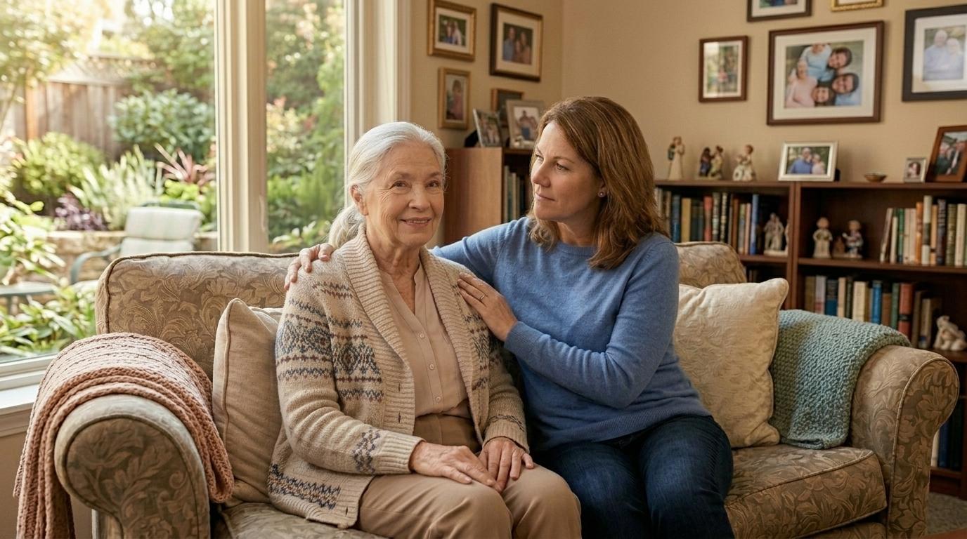 A caring adult and their older loved one sit together, sharing a warm and supportive moment after an Alzheimer's diagnosis.