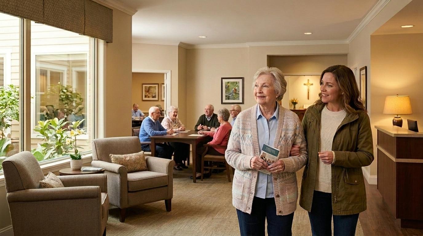 A senior and their family member tour a bright, cozy living space in a senior living community.