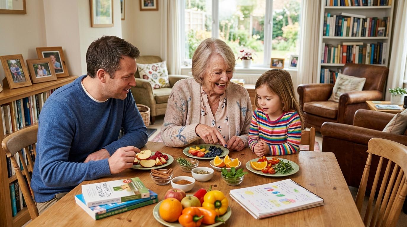 A family and older adult eat together in a cozy setting, supporting brain health through this shared activity.