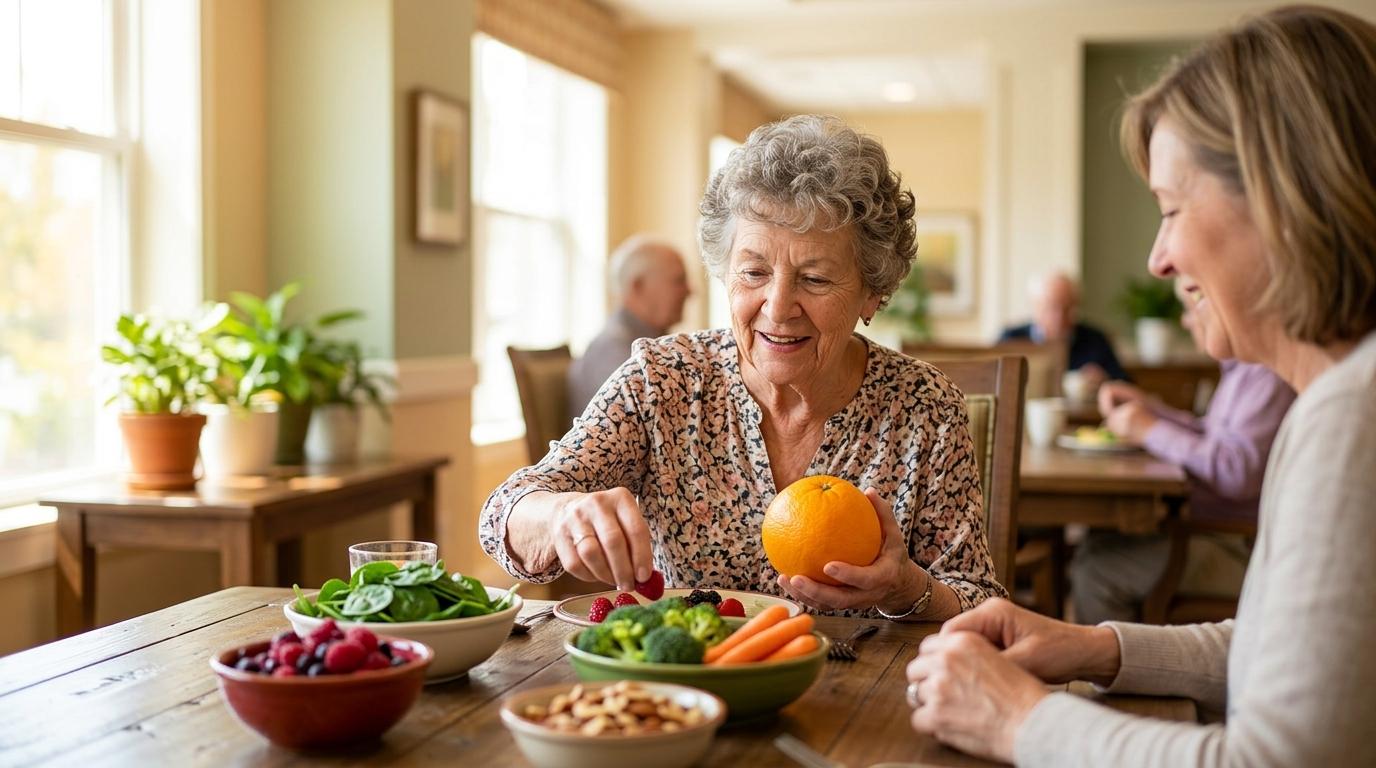 A senior enjoys a nutritious, colorful meal, supporting cognitive health and overall well-being.