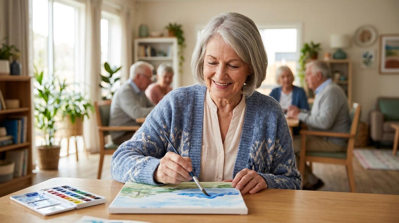 A senior painting in senior living community