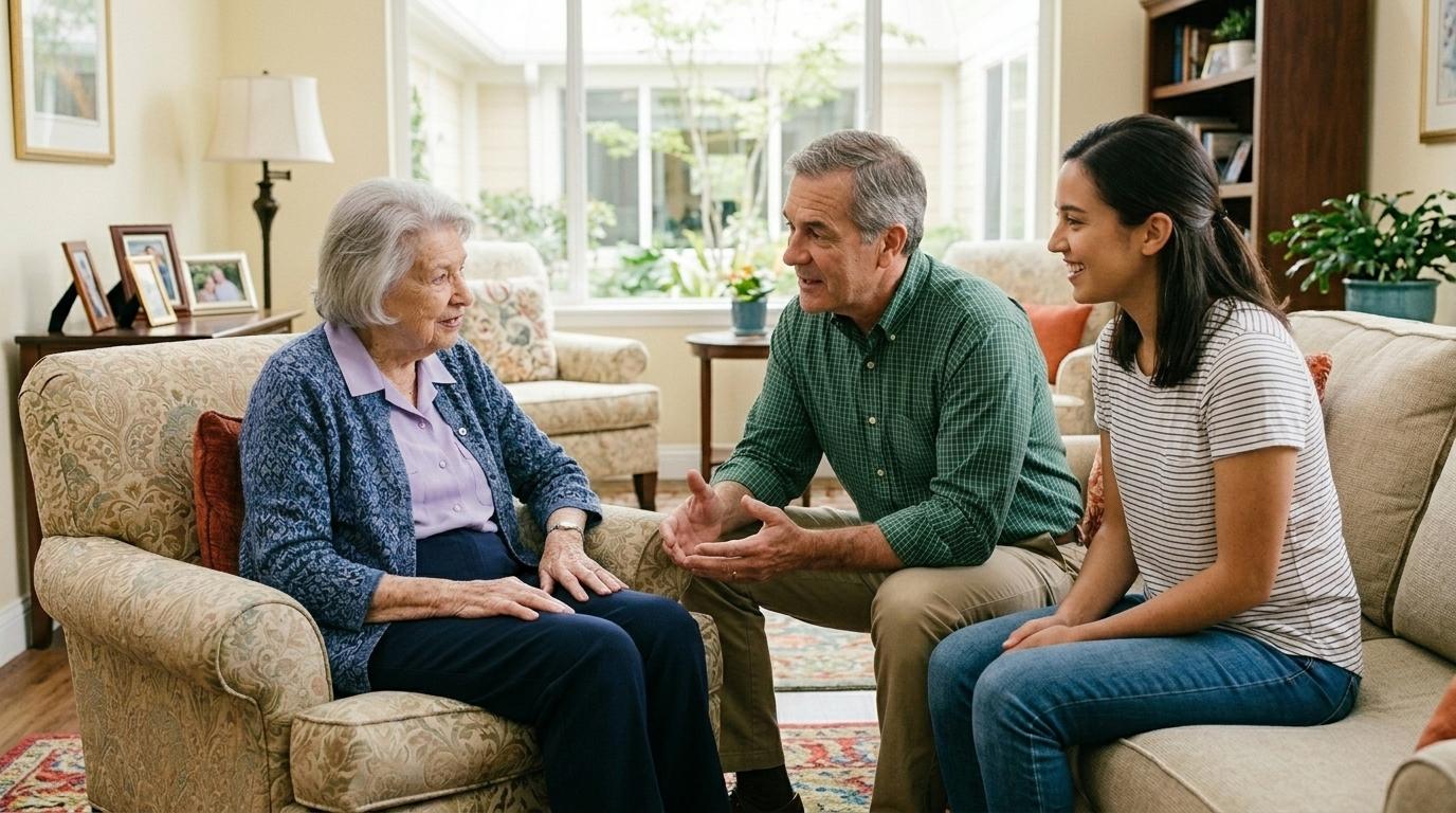 A senior having a chat with family members in senior living