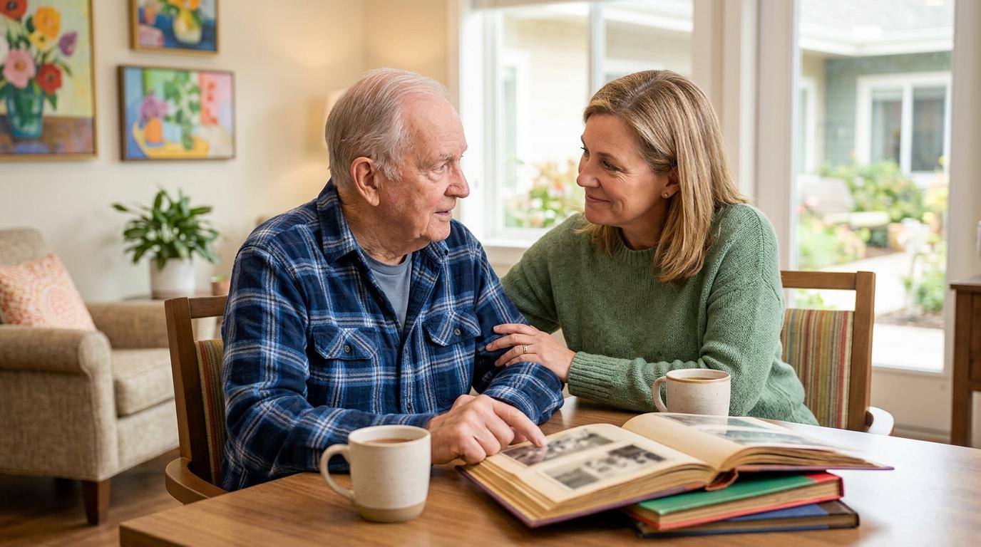 A family member speaks warmly with an older adult, illustrating compassionate communication in dementia care.