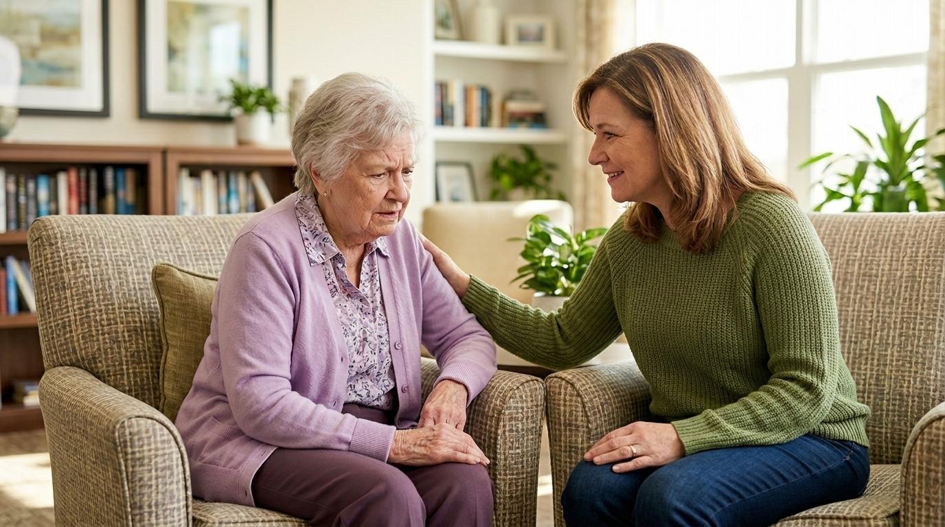 A senior and a family member sit together, sharing a calm, supportive conversation in a warm, comfortable setting.