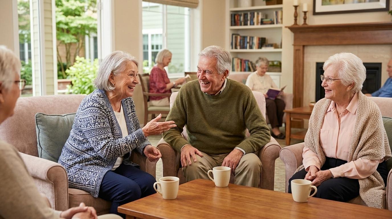 A group of seniors chat and laugh in a stress-free senior living community.
