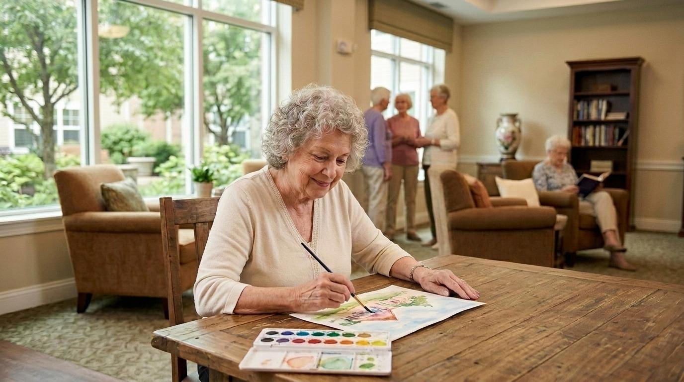 A senior focuses on a painting in a senior living community common area.