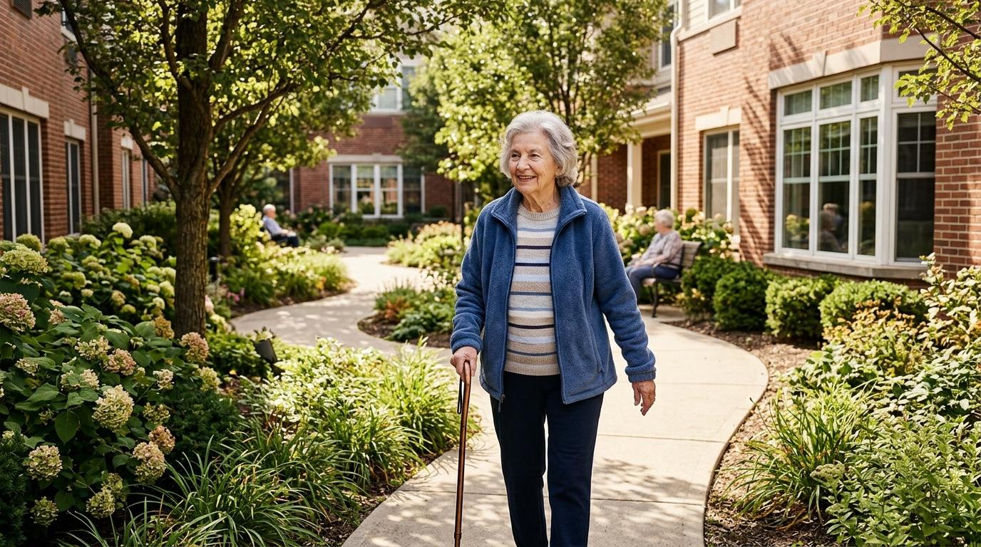 An older adult with a cane smiles and walks through a path in the garden of their senior living community.
