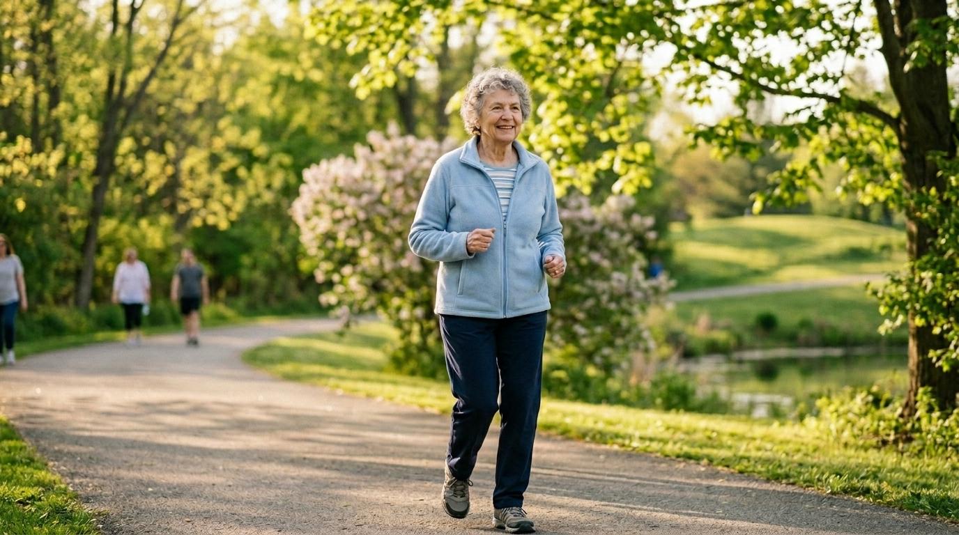 An older adult in a blue sweater takes a casual jog down a pathway in a park near their community.